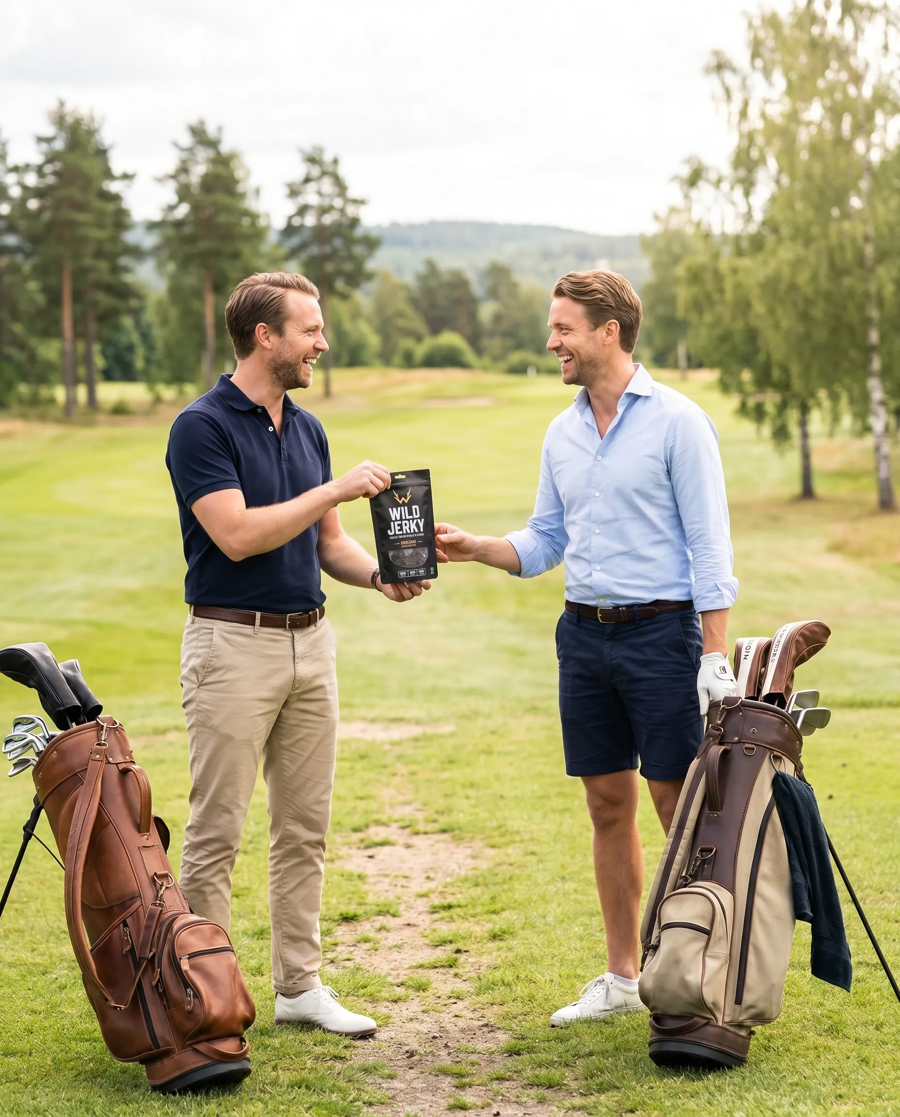 Vänner på golfbana med Wild Jerky