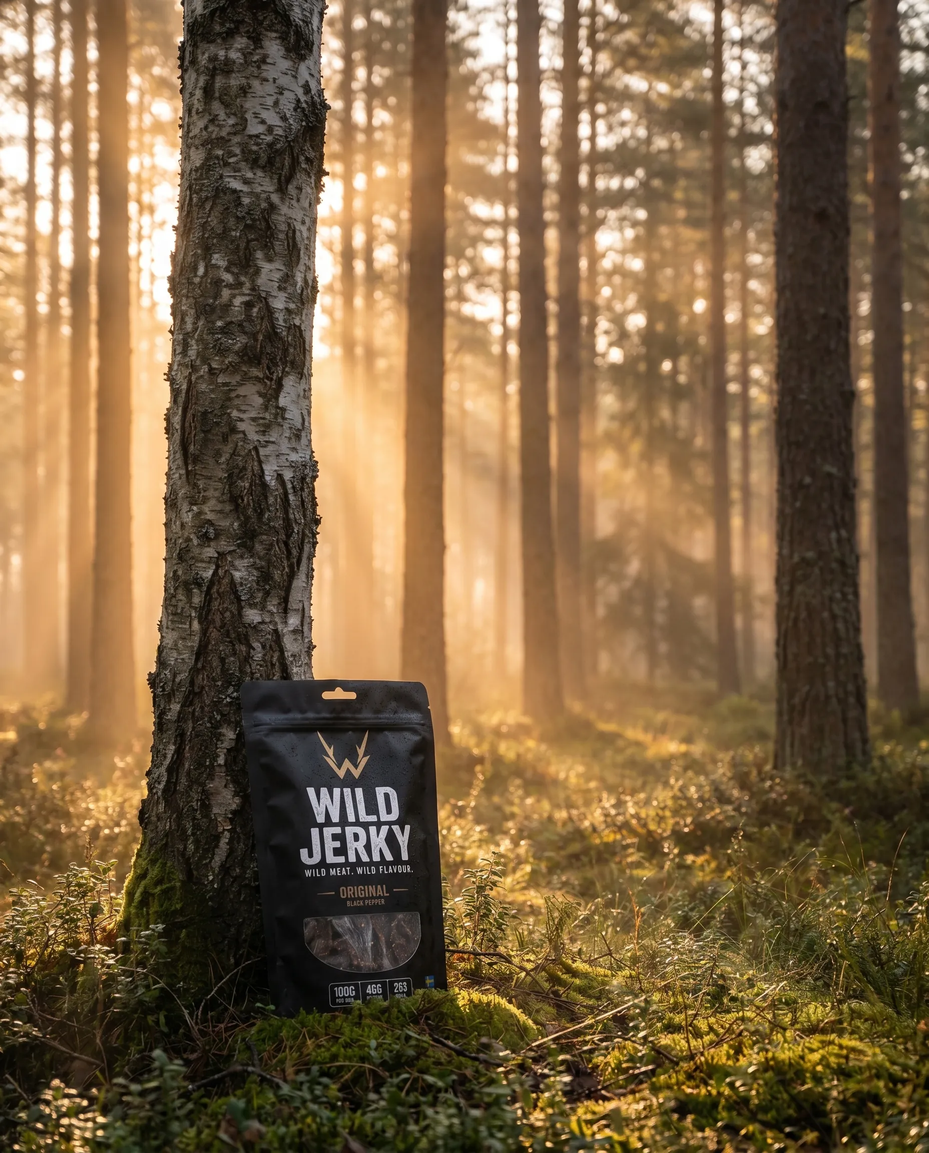 Wild Jerky i gyllene morgonljus, svenska skogar