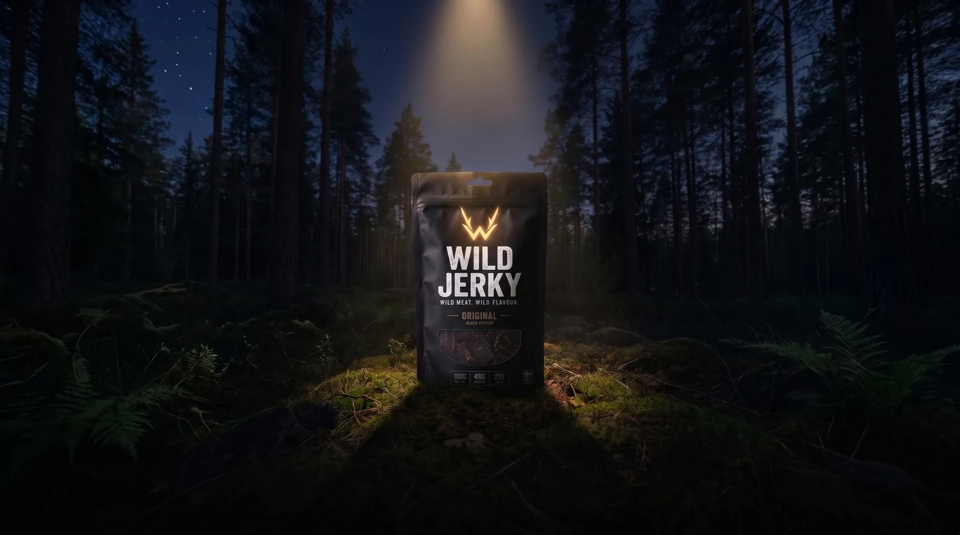 Wild Jerky Original i dramatiskt skogsljus